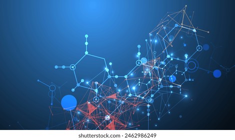 Abstractas en un tema científico y tecnológico. Una Imagen de hexágonos sobre un fondo azul oscuro con un efecto de plexo de color. Vector dibujado a mano.