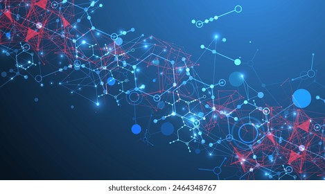 Abstract background on a scientific and technological theme. An image of hexagons on a dark blue background with a color plexus effect. Hand drawn vector.