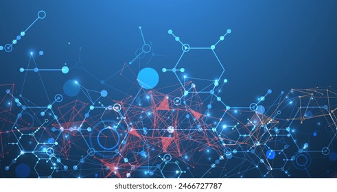 Abstract background on a scientific and technological theme. An image of hexagons on a dark blue background with a color plexus effect. Hand drawn vector.