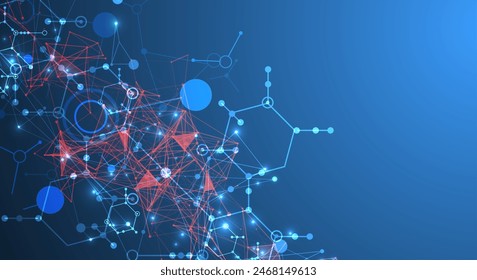 Abstract background on a scientific and technological theme. An image of hexagons on a dark blue background with a color plexus effect. Hand drawn vector.