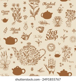 Abstract background on tea theme in retro style. Vector seamless pattern with clay teapots, hand-drawn herbs and inscriptions. Suitable for wallpaper, wrapping paper, fabric. Chinese hieroglyph Tea