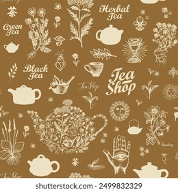 Abstract background on tea theme in retro style. Vector seamless pattern with clay teapots, hand-drawn herbs and inscriptions. Suitable for wallpaper, wrapping paper, fabric. Chinese hieroglyph Tea