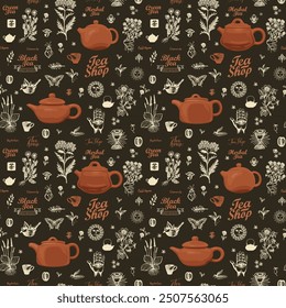 Abstract background on tea theme in retro style. Vector seamless pattern with clay teapots, hand-drawn herbs and inscriptions. Suitable for wallpaper, wrapping paper, fabric. Chinese hieroglyph Tea