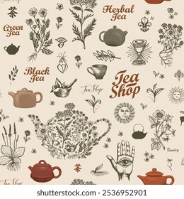 Abstract background on tea theme in retro style. Vector seamless pattern with clay teapots, hand-drawn herbs and inscriptions. Suitable for wallpaper, wrapping paper, fabric. Chinese hieroglyph Tea