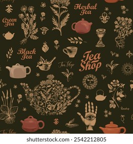 Abstract background on tea theme in retro style. Vector seamless pattern with clay teapots, hand-drawn herbs and inscriptions. Suitable for wallpaper, wrapping paper, fabric. Chinese hieroglyph Tea