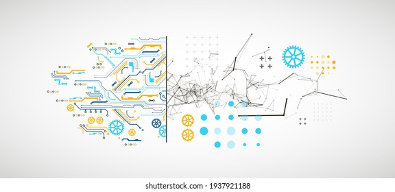 Abstrakter Hintergrund zu technischen und wissenschaftlichen Themen. Plexus-Effekt mit verschiedenen Techno-Details mit einem Platz unter dem Text. Vektorformat.