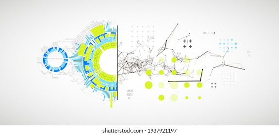 Abstrakter Hintergrund zu technischen und wissenschaftlichen Themen. Plexus-Effekt mit verschiedenen Techno-Details mit einem Platz unter dem Text. Vektorformat.