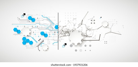 Abstract background on technological and scientific topics. Plexus effect with various techno details with a place under the text. Vector format.