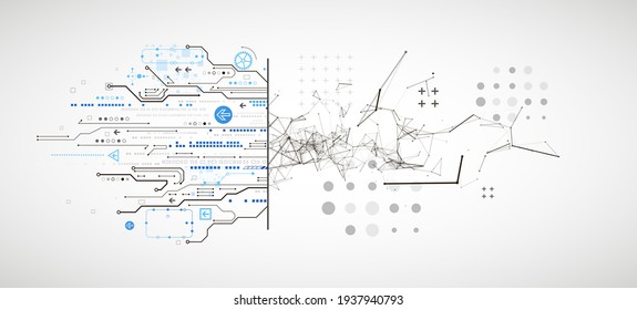 Abstract background on technological and scientific topics. Plexus effect with various techno details with a place under the text. Vector format.