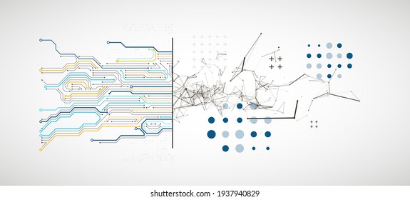 Resumen de antecedentes en temas tecnológicos y científicos. Efecto de plexus con varios detalles técnicos con un lugar debajo del texto. Formato vectorial.