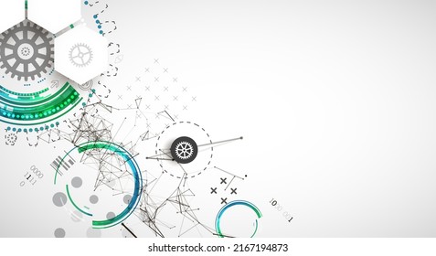 Resumen de antecedentes en temas tecnológicos y científicos. Efecto de plexus con varios detalles técnicos con un lugar debajo del texto. Formato vectorial.