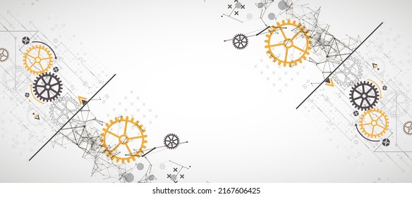 Abstrakter Hintergrund zu technischen und wissenschaftlichen Themen. Plexus-Effekt mit verschiedenen Techno-Details mit einem Platz unter dem Text. Vektorformat.
