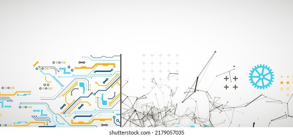 Resumen de antecedentes en temas tecnológicos y científicos. Efecto de plexus con varios detalles técnicos con un lugar debajo del texto. Formato vectorial.