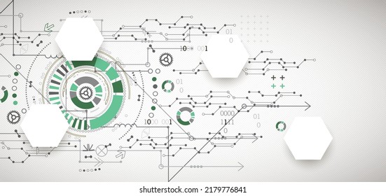 Abstract background on technological and scientific topics. Plexus effect with various techno details with a place under the text. Vector format.