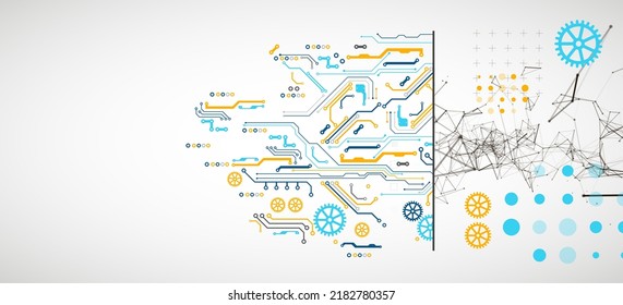 Abstract background on technological and scientific topics. Plexus effect with various techno details with a place under the text. Vector format.