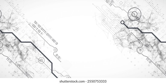 Abstractas formación en temas tecnológicos y científicos. Efecto Plexus con varios detalles techno. Vector dibujado a mano.