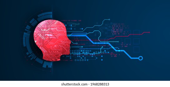 Abstract background on the theme of artificial intelligence. Red head shape with technological elements inside the contour.