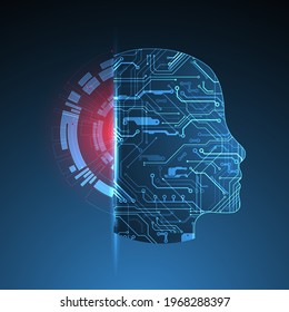 Abstract background on the theme of artificial intelligence. Head shape with technological elements inside the contour.