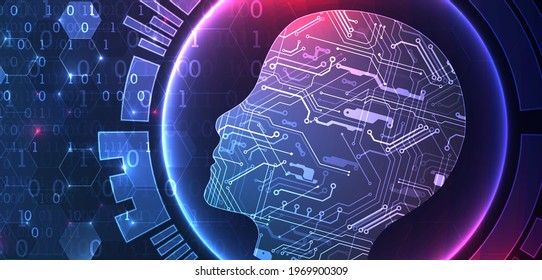 Abstract background on the theme of artificial intelligence. Head shape with technological elements inside the contour.