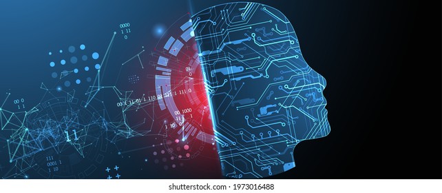 Abstract background on the theme of artificial intelligence. Head shape with technological elements inside the contour.