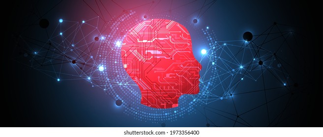 Abstract background on the theme of artificial intelligence. Head shape with technological elements inside the contour.