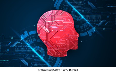 Abstract background on the theme of artificial intelligence. Red head shape with technological elements inside the contour.