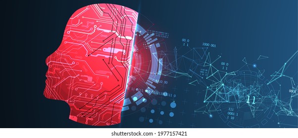 Abstract background on the theme of artificial intelligence. Head shape with technological elements inside the contour.