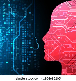 Abstract background on the theme of artificial intelligence. Head (brain) shape with technological elements inside the contour.
