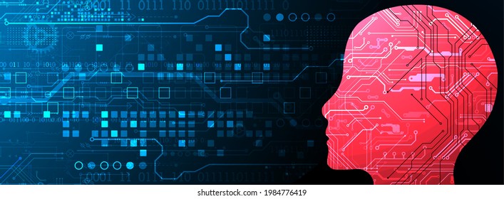 Abstract background on the theme of artificial intelligence. Head (brain) shape with technological elements inside the contour.