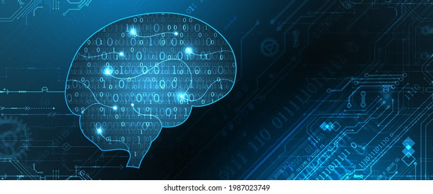 Abstract background on the theme of artificial intelligence. Head (brain) shape with technological elements inside the contour.