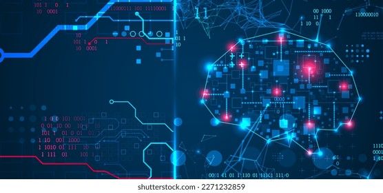 Abstract background on the theme of artificial intelligence. Brain shape with technological elements inside the contour.