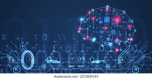 Abstract background on the theme of artificial intelligence. Brain shape with technological elements inside the contour.