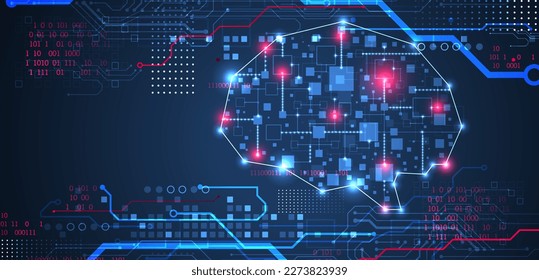 Antecedentes abstractos sobre el tema de la inteligencia artificial. Forma cerebral con elementos tecnológicos dentro del contorno.