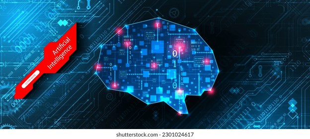 Abstract background on the theme of artificial intelligence. Brain shape with technological elements inside the contour.