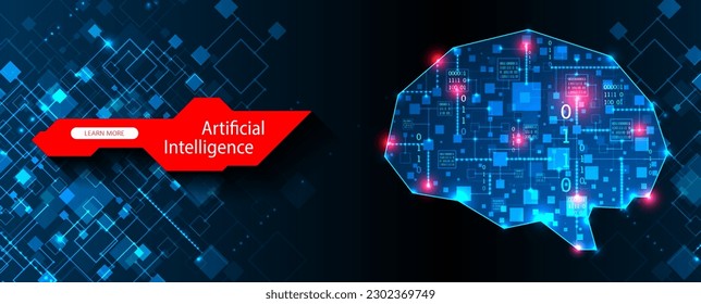 Abstract background on the theme of artificial intelligence. Brain shape with technological elements inside the contour.