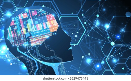 Abstract background on the theme of artificial intelligence. Brain shape with technological elements inside the contour. Vector