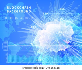 Abstract background on the theme of blockade and crypto currency in blue and purple colors for the design of banners, websites, polygraphy, magazines, booklets.