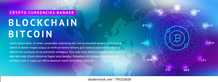 Abstract background on the theme of blockade and crypto currency in blue and purple colors for the design of banners, websites, polygraphy, magazines, booklets.