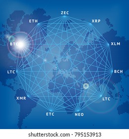 Abstract background on the theme of blockade and crypto currency in blue and purple colors for the design of banners, websites, polygraphy, magazines, booklets.