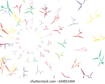 Abstract background on a theme of dancing and ballet. Icons of dancing men of different colors.