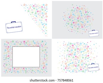 Abstract background on a winter vacation theme. Color vector illustration of a suitcase, plane, spruce, snowflake, sled, mittens, skates, mountains, ski, snowman. cloud, mug.