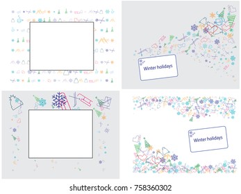 Abstract background on a winter vacation theme. Colored vector illustration, spruce, snowflake, sled, mittens, skates, mountains, skis, cap, mug, sock.