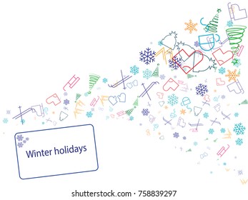 Abstract background on a winter vacation theme. Colored vector illustration, spruce, snowflake, sled, mittens, skates, mountains, skis, cap, mug, sock.