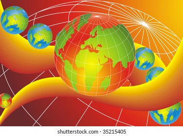 Abstract background, one big world globe and six small globes placed on orange curve