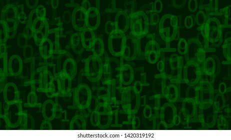 Abstract background of ones and zeros in various sizes, green on black