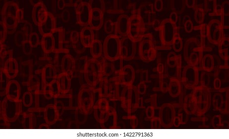 Abstract background of ones and zeros in various sizes, red on black