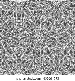 Abstract background with openwork elements. Complicated mandalas. Repeated pattern. Seamless texture. It can be used as wallpaper, upholstery, wrapping, fabric or your design.