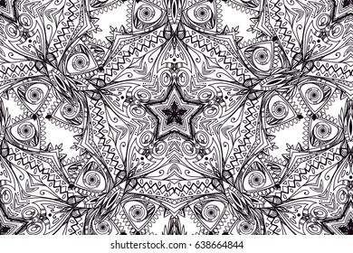 Abstract background with openwork elements. Complicated mandalas. Repeated pattern. Seamless texture. It can be used as wallpaper, upholstery, wrapping, fabric or your design.