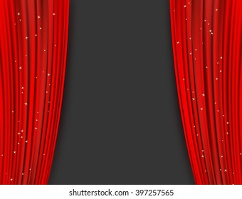 abstract background with opera red drapes and glittering stars
