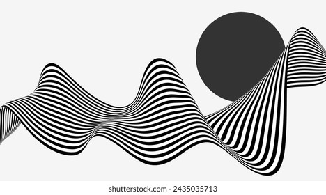 Abstract background optical illusion, black and white curves, flow, wave.